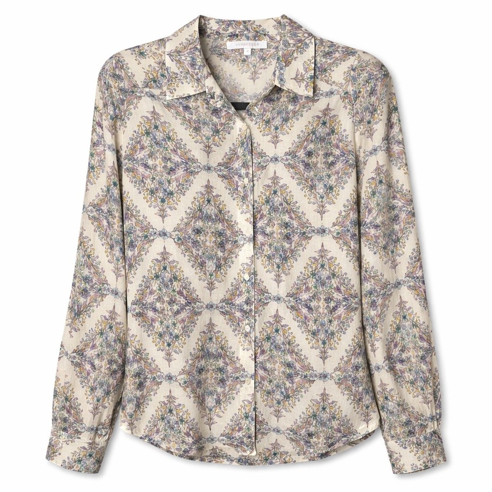 Olivaceous Floral Boho Button Down Blouse Long Sleeve‎ Cream Medium